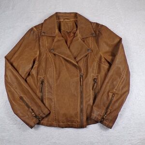 Max Studio Faux Leather Jacket Women's Size XL Mid-Brown Moto Zip Front Pocket's